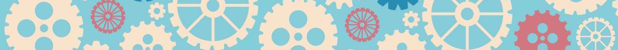 Different sized gears in colors of cream, coral, and blue in a light blue background.